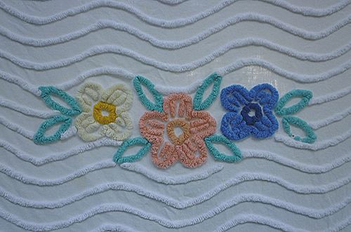 Peach Blue Yellow Flowers Deco Rays Vintage Chenille Bedspread Peach Blue Yellow Flowers Deco Rays Vintage Chenille Bedspread