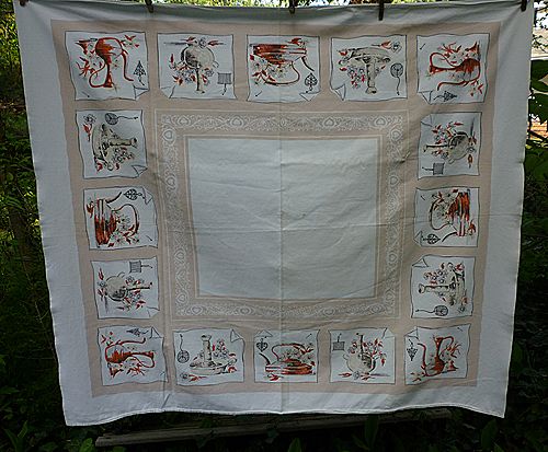 Kitchen Kettles Trivets Vignettes 1950's Print Tablecloth Kitchen Kettles Trivets Vignettes 1950's Print Tablecloth