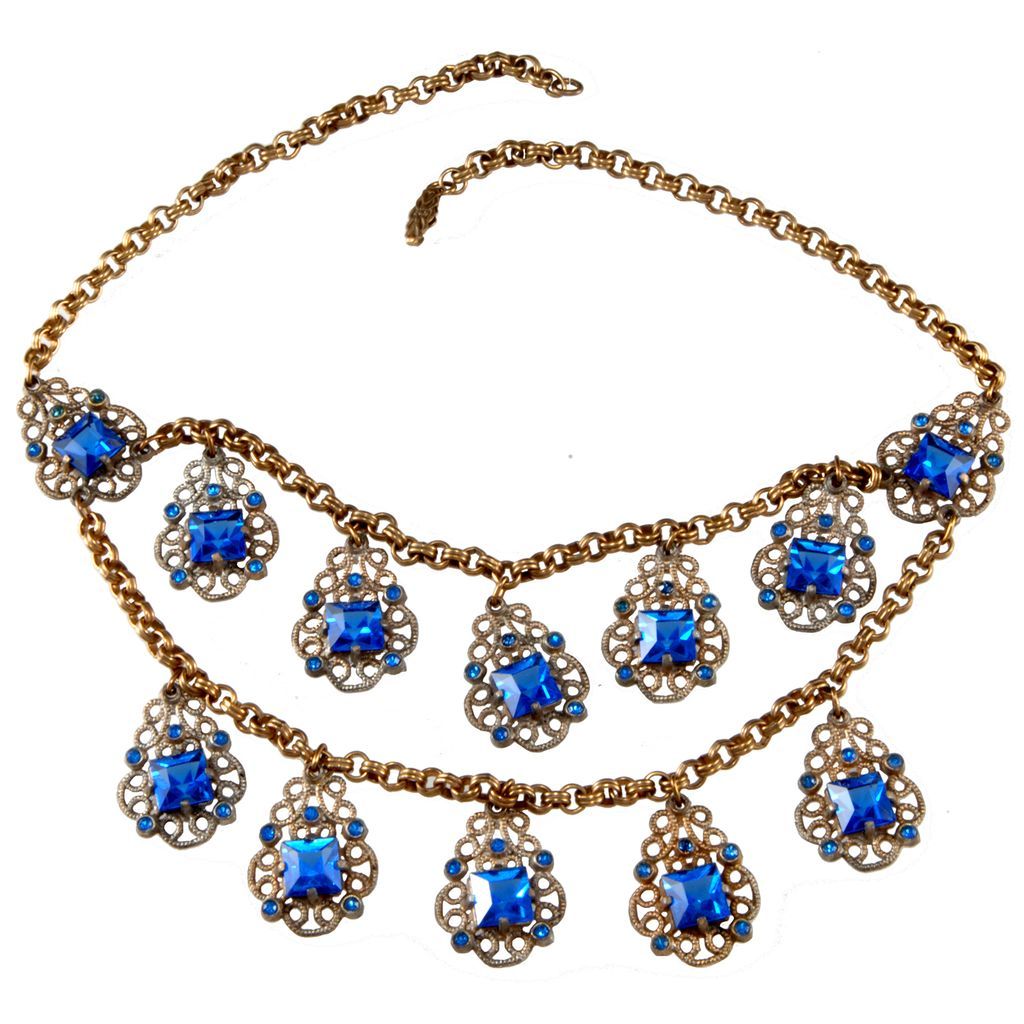 Czech 1930s Blue Rhinestone Dangle Necklace Czech 1930s Blue Rhinestone Dangle Necklace