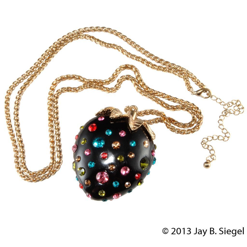 Plastic Strawberry Pendant Necklace w/ Multicolor Rhinestones Plastic Strawberry Pendant Necklace w/ Multicolor Rhinestones