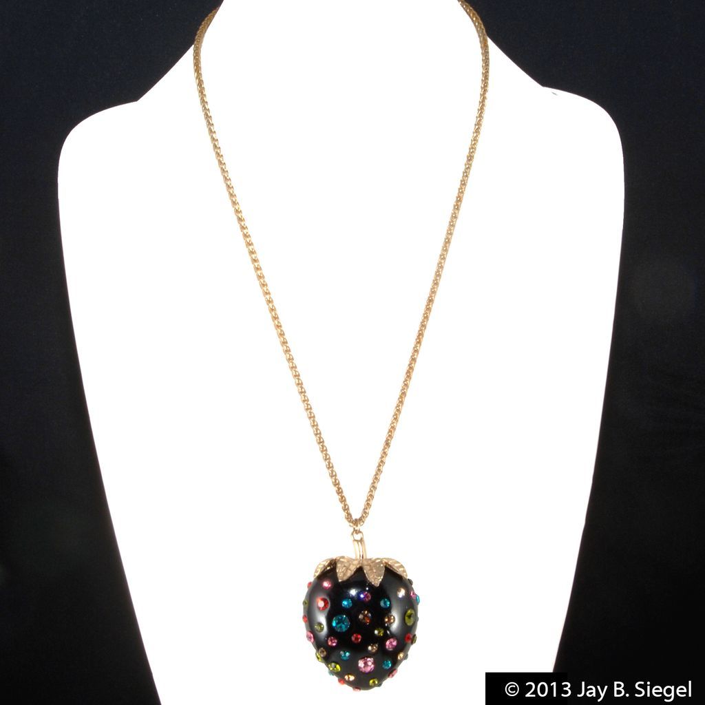 Plastic Strawberry Pendant Necklace w/ Multicolor Rhinestones Plastic Strawberry Pendant Necklace w/ Multicolor Rhinestones