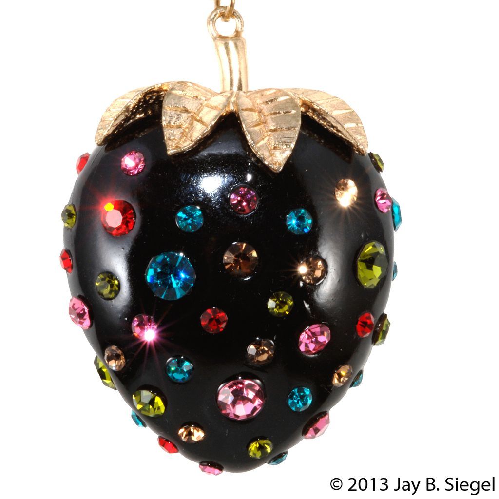 Plastic Strawberry Pendant Necklace w/ Multicolor Rhinestones Plastic Strawberry Pendant Necklace w/ Multicolor Rhinestones