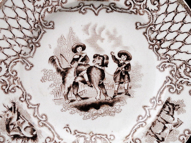 Early English Childs Transferware Plate ~Boys & Newfoundland Dog Early English Childs Transferware Plate ~Boys & Newfoundland Dog