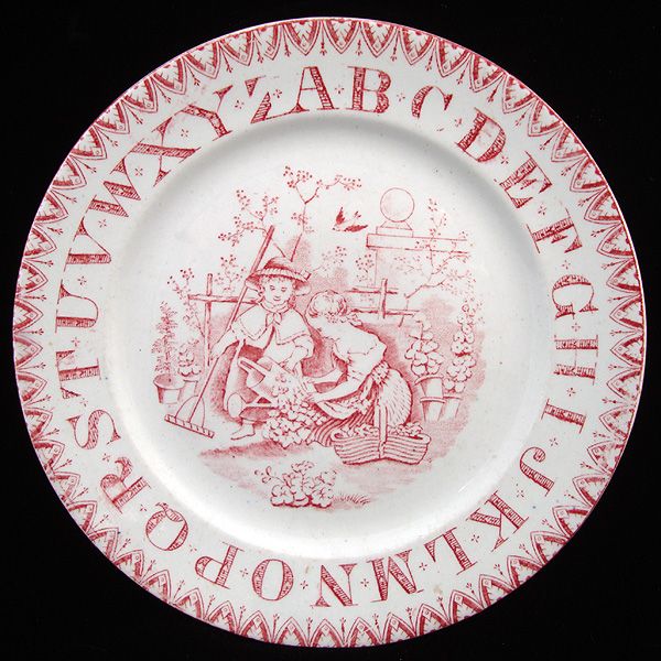 Red ABC Alphabet Nursery Plate ~ Gardening Girls 1890 Red ABC Alphabet Nursery Plate ~ Gardening Girls 1890