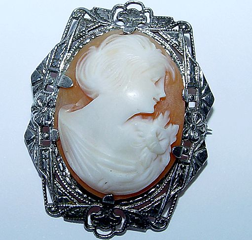 Vintage Shell Cameo Set in Sterling Brooch - Woman with Corsage Vintage Shell Cameo Set in Sterling Brooch - Woman with Corsage