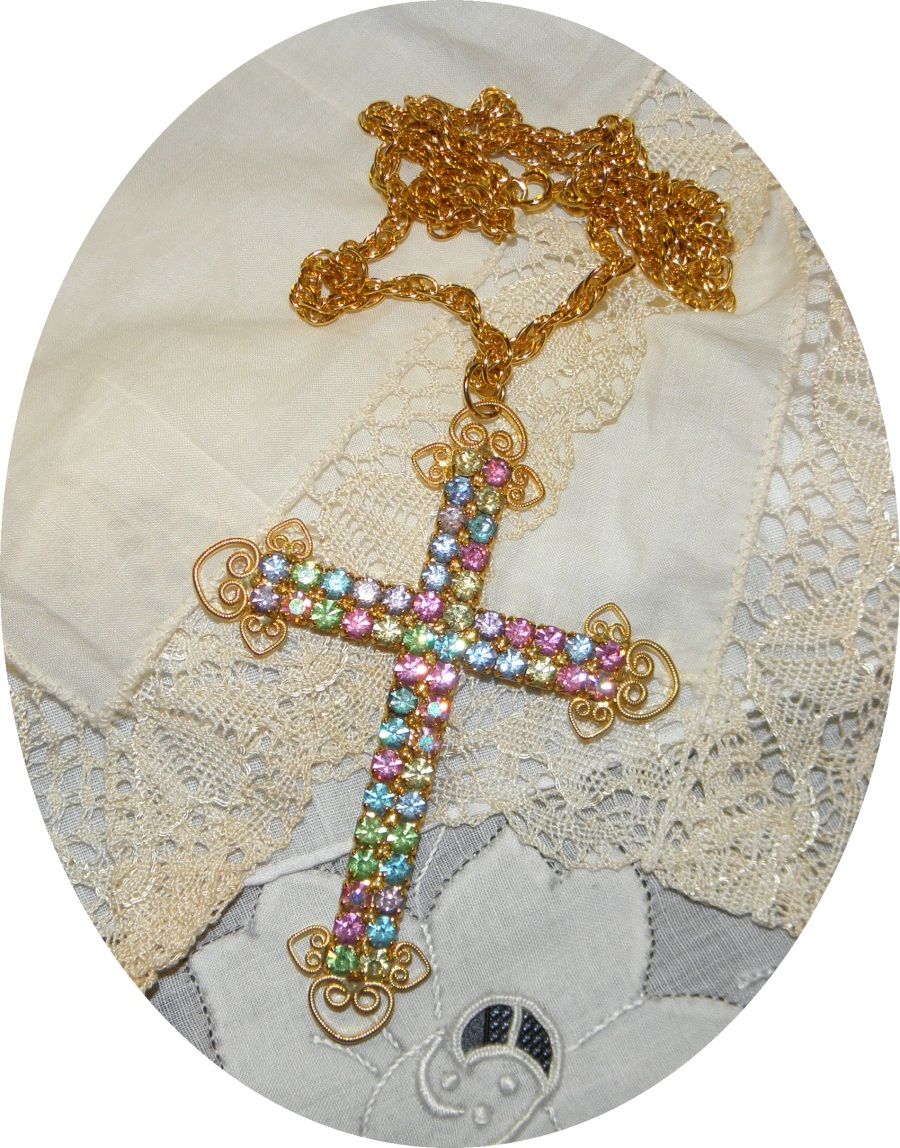 Vintage Pastel Rhinestone Large Cross Necklace with Scroll Work Accents Vintage Pastel Rhinestone Large Cross Necklace with Scroll Work Accents