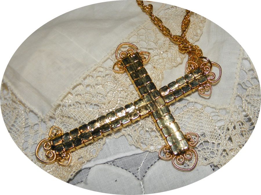 Vintage Pastel Rhinestone Large Cross Necklace with Scroll Work Accents Vintage Pastel Rhinestone Large Cross Necklace with Scroll Work Accents