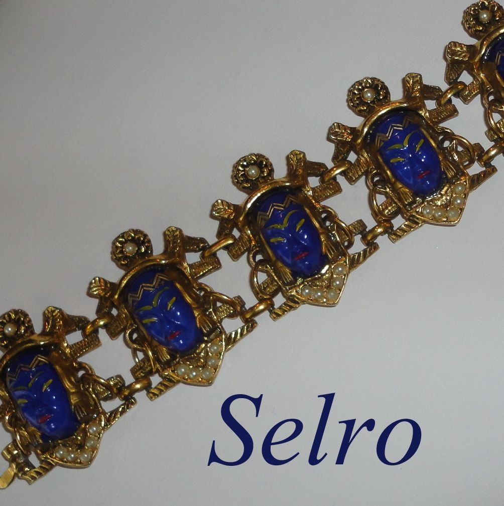 Vintage Selro Cobalt Blue Thai Asian Princess Face Bracelet with Native American Headress Vintage Selro Cobalt Blue Thai Asian Princess Face Bracelet with Native American Headress