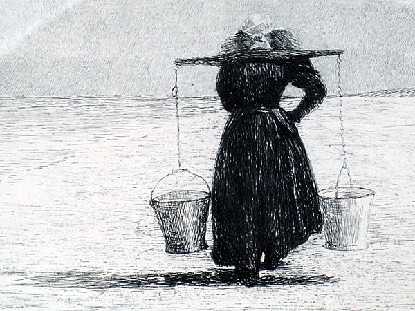Hermann Daur (1870-1900) Etching Woman With Water Pails Hermann Daur (1870-1900) Etching Woman With Water Pails