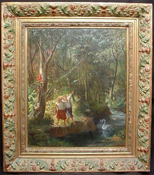 Circa 1875 European Oil on Canvas Forest Scene With Couple Circa 1875 European Oil on Canvas Forest Scene With Couple