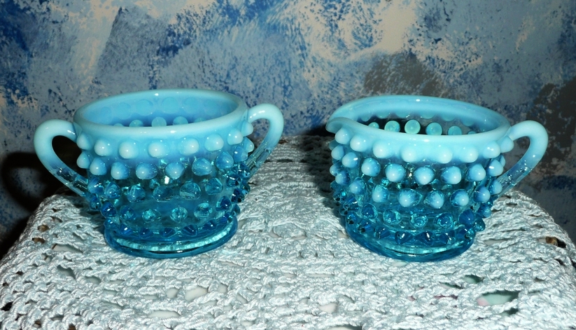 Fenton Blue Opalescent Hobnail Creamer and Sugar Set Fenton Blue Opalescent Hobnail Creamer and Sugar Set