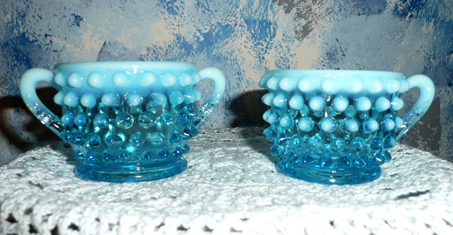 Fenton Blue Opalescent Hobnail Creamer and Sugar Set Fenton Blue Opalescent Hobnail Creamer and Sugar Set