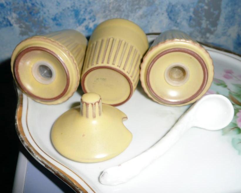 Dutch Pottery Set of Shakers and Mustard Jar with Spoon Dutch Pottery Set of Shakers and Mustard Jar with Spoon