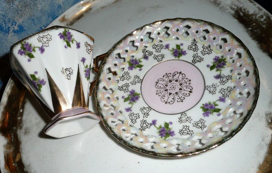 Opalescent Royal Sealy Violets Footed Cup and Saucer Opalescent Royal Sealy Violets Footed Cup and Saucer