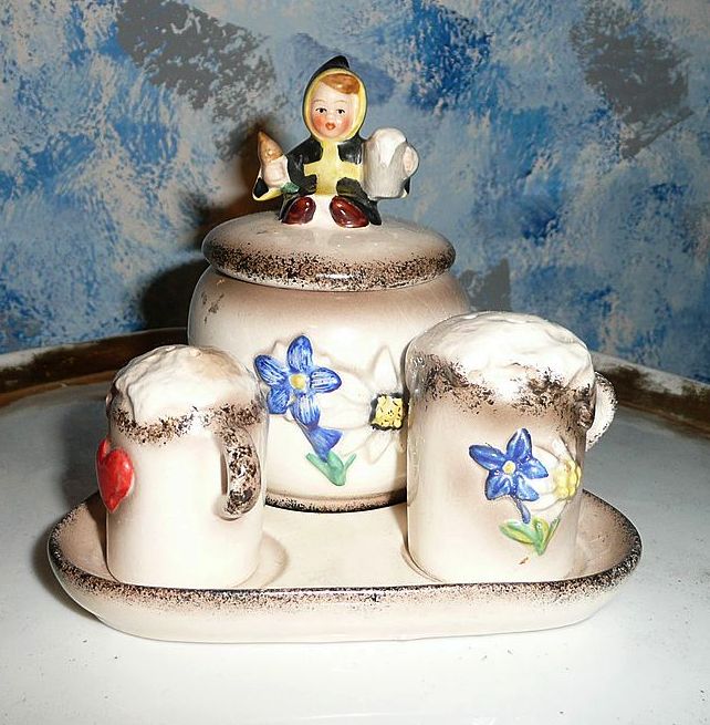 HUMMEL 'Mascot of Germany' Set of Salt and Pepper Shakers with Plate and Mustard Dish HUMMEL 'Mascot of Germany' Set of Salt and Pepper Shakers with Plate and Mustard Dish