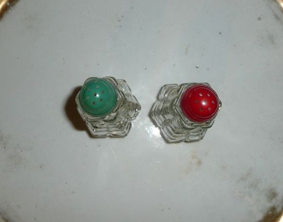 Pressed Glass Set of Shakers with Colored Caps Pressed Glass Set of Shakers with Colored Caps