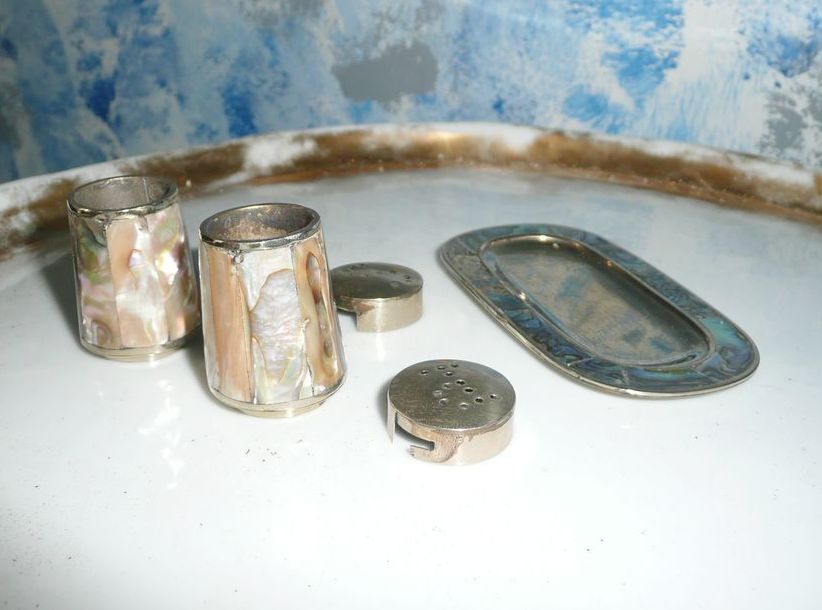 Vintage Mother Of Pearl and Alpaca Silver Set of Shakers with Tray Vintage Mother Of Pearl and Alpaca Silver Set of Shakers with Tray
