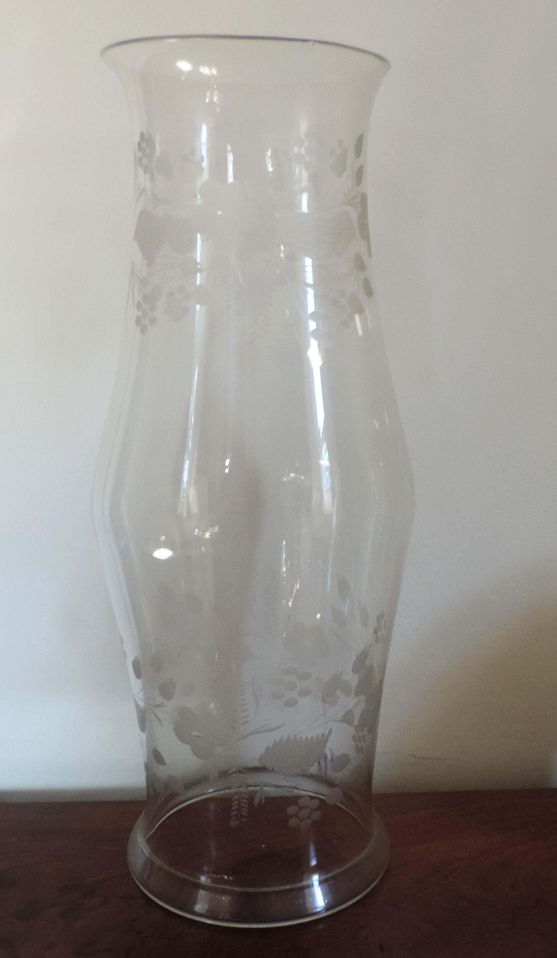 Large Antique 19th century Etched Glass Hurricane Shade for a Candle
