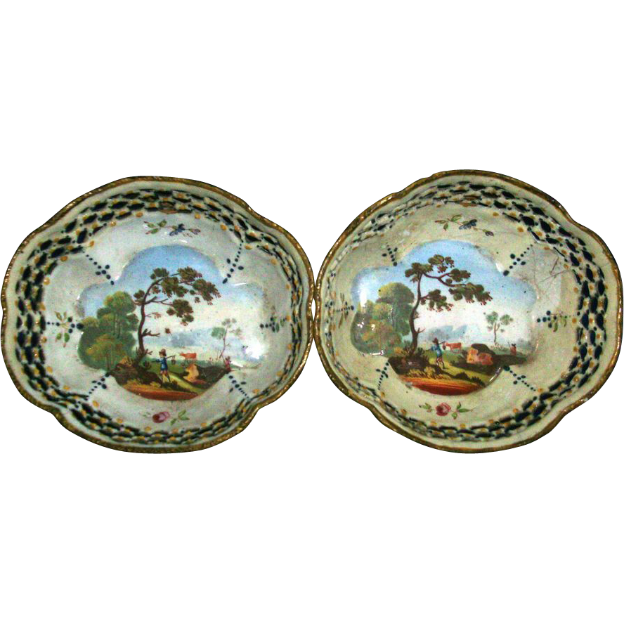 Fine Pair 18th century Bilston Battersea Enamel Reticulated Baskets Fine Pair 18th century Bilston Battersea Enamel Reticulated Baskets
