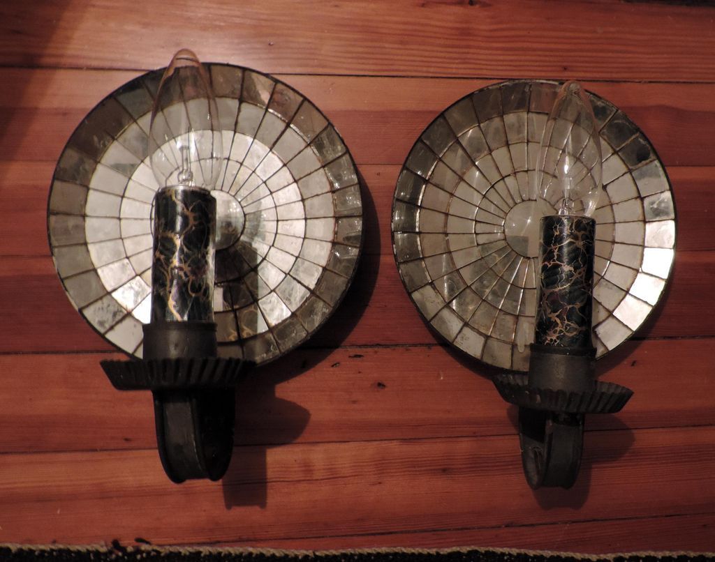 Vintage Pair Colonial Revival Round Mirrored Tole Tin Sconces from