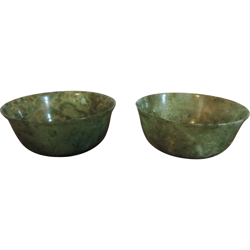 Pair Antique 19th century Chinese Carved Jade Bowls from