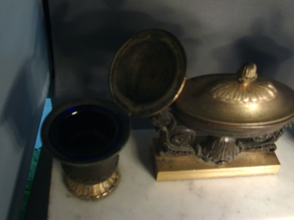 19th c. French Empire Gilt & Patinated Bronze on White Marble Encrier or Inkwell 19th c. French Empire Gilt & Patinated Bronze on White Marble Encrier or Inkwell