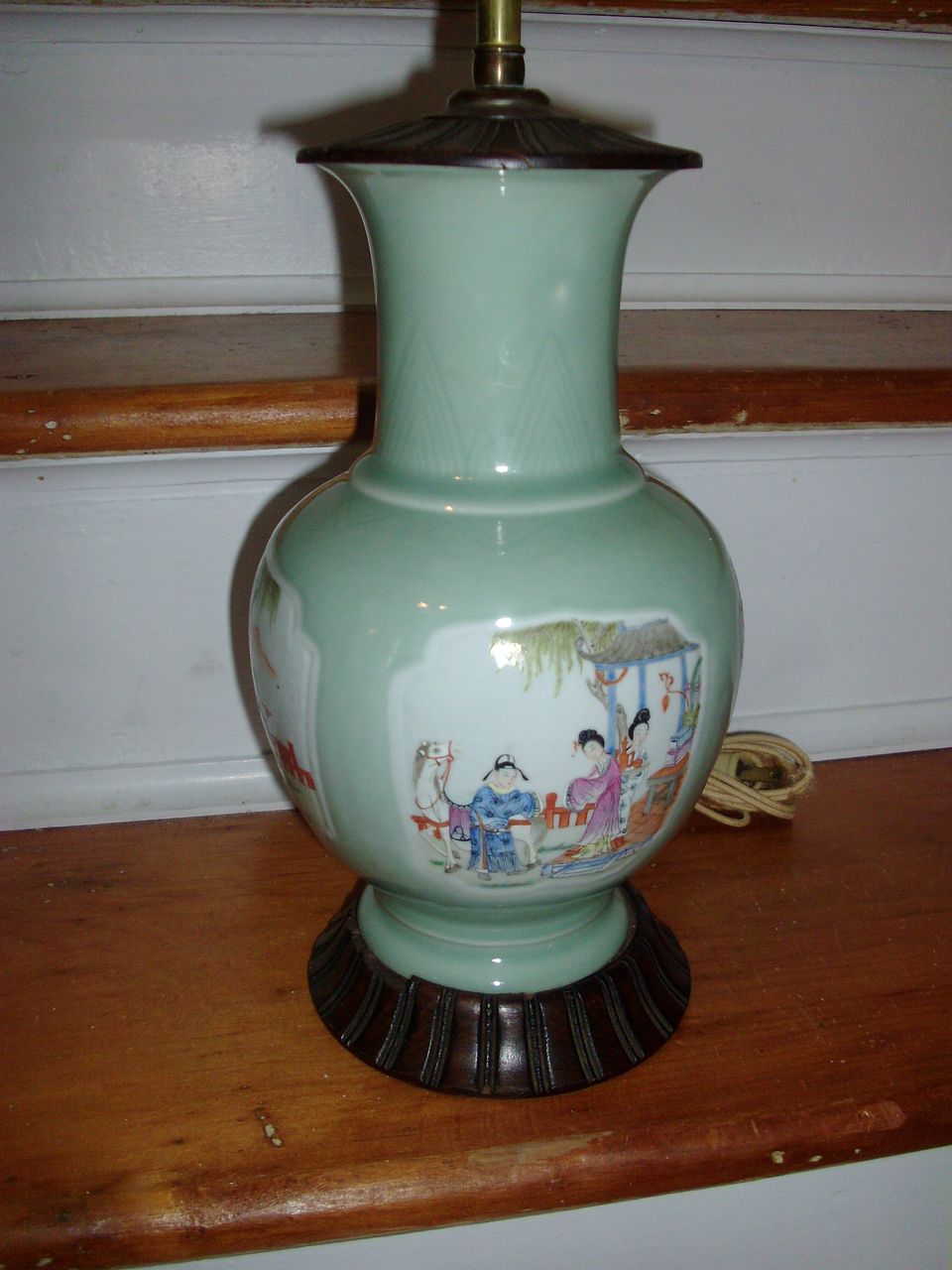 Early 19th c. Chinese Celadon Porcelain Vase with Polychrome Famille Rose Reserve Panels as Lamp Early 19th c. Chinese Celadon Porcelain Vase with Polychrome Famille Rose Reserve Panels as Lamp