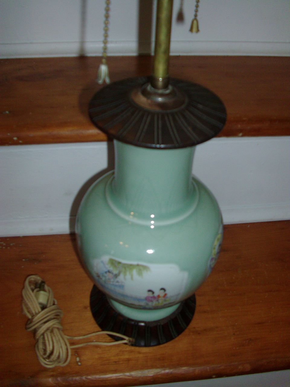 Early 19th c. Chinese Celadon Porcelain Vase with Polychrome Famille Rose Reserve Panels as Lamp Early 19th c. Chinese Celadon Porcelain Vase with Polychrome Famille Rose Reserve Panels as Lamp