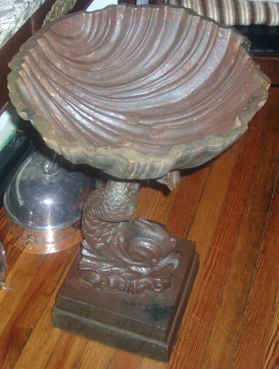 Antique 19th century American Cast Iron Bird Bath Font with Dolphin Support and Shell Basin Antique 19th century American Cast Iron Bird Bath Font with Dolphin Support and Shell Basin