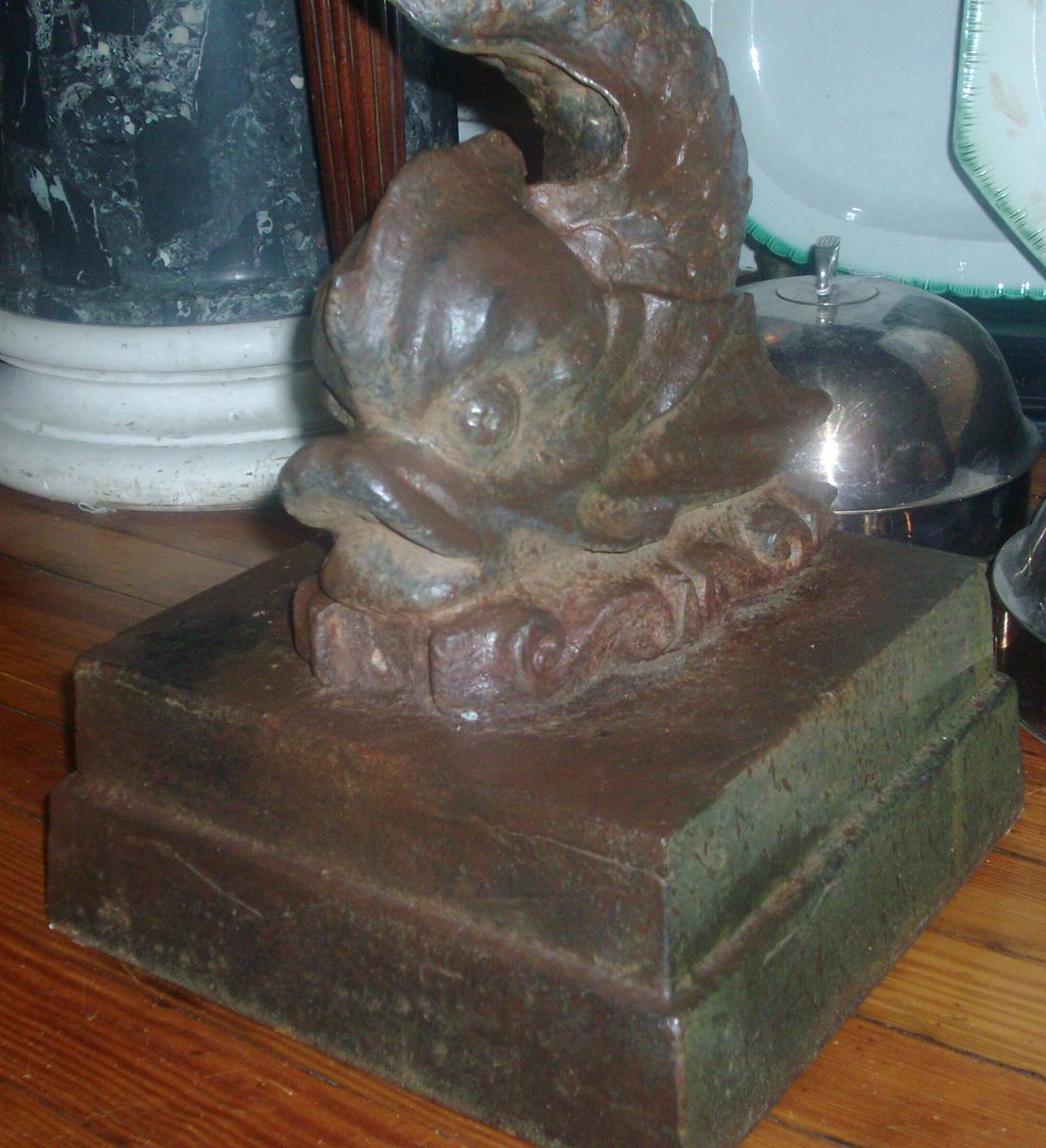 Antique 19th century American Cast Iron Bird Bath Font with Dolphin Support and Shell Basin Antique 19th century American Cast Iron Bird Bath Font with Dolphin Support and Shell Basin