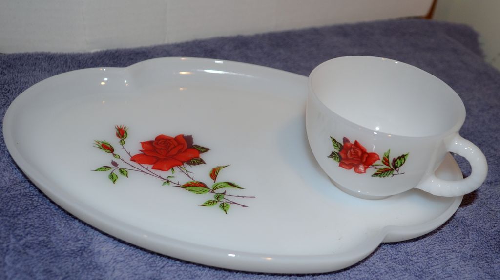 Federal Milk Glass Snack Set Roses Federal Milk Glass Snack Set Roses