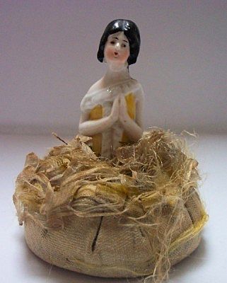 German Porcelain Pin Cushion Doll German Porcelain Pin Cushion Doll