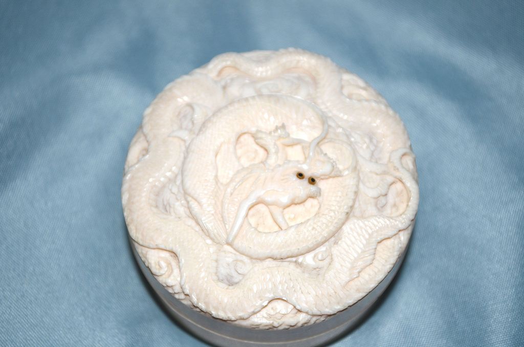 A Japanese Carved Ivory Circular Box A Japanese Carved Ivory Circular Box