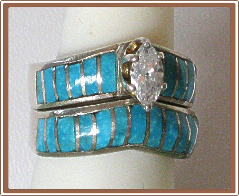 Vintage Sterling Silver and Turquoise Wedding Ring Set