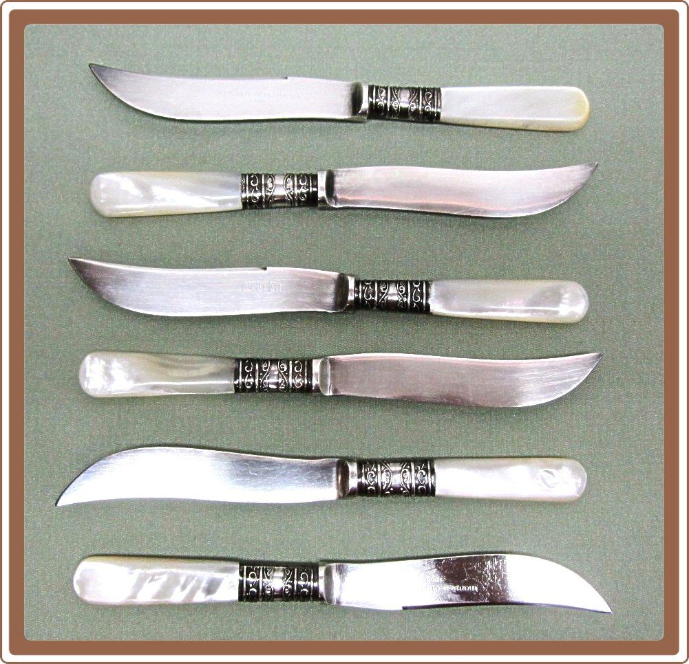 Meriden Silver Mother of Pearl Sterling Band Fruit Knives Meriden Silver Mother of Pearl Sterling Band Fruit Knives