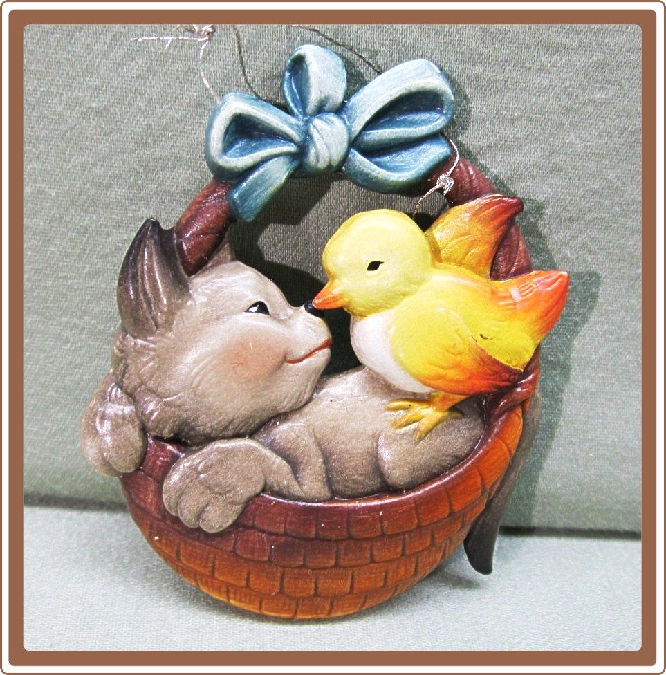 Anri Ferrandiz Christmas Ornament Cat and Canary in Basket Anri Ferrandiz Christmas Ornament Cat and Canary in Basket