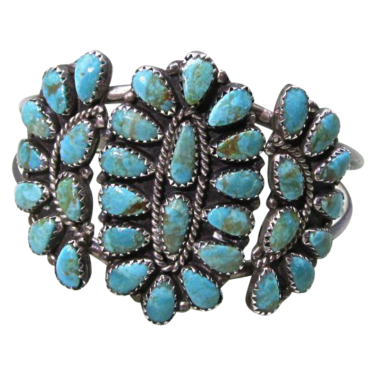 Sterling Turquoise Cluster Bracelet Native American Artist Signed Sterling Turquoise Cluster Bracelet Native American Artist Signed
