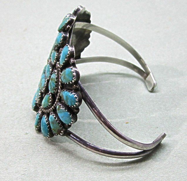 Sterling Turquoise Cluster Bracelet Native American Artist Signed Sterling Turquoise Cluster Bracelet Native American Artist Signed