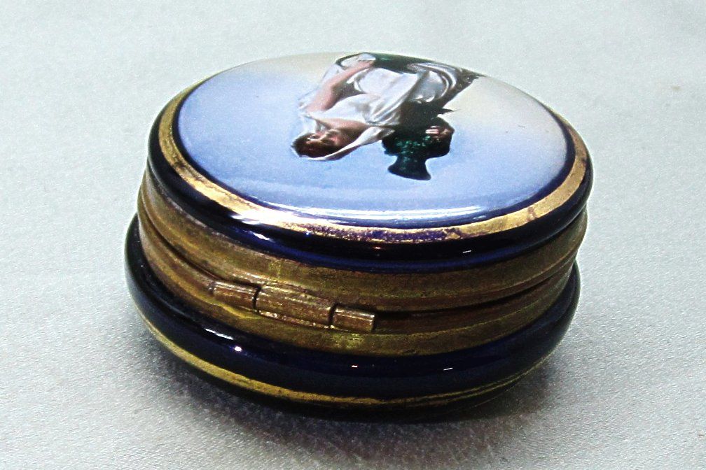 Blue Glass Trinket Patch Box Lady with Jars Blue Glass Trinket Patch Box Lady with Jars