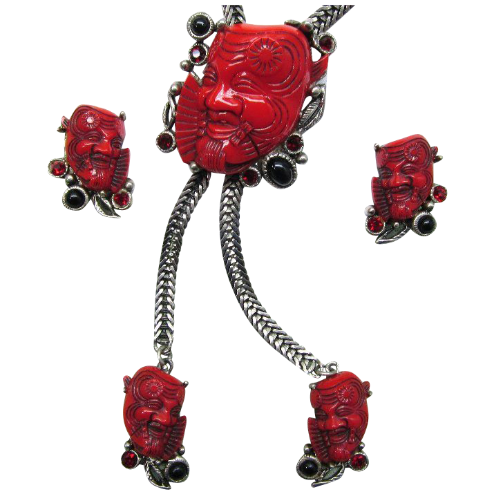 Selro Red Noh Mask Lariat Necklace and Earrings Selro Red Noh Mask Lariat Necklace and Earrings
