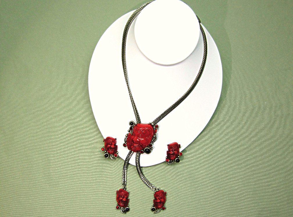 Selro Red Noh Mask Lariat Necklace and Earrings Selro Red Noh Mask Lariat Necklace and Earrings
