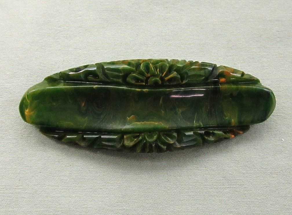 Carved Bakelite Pin Marbled Green Flowers Carved Bakelite Pin Marbled Green Flowers