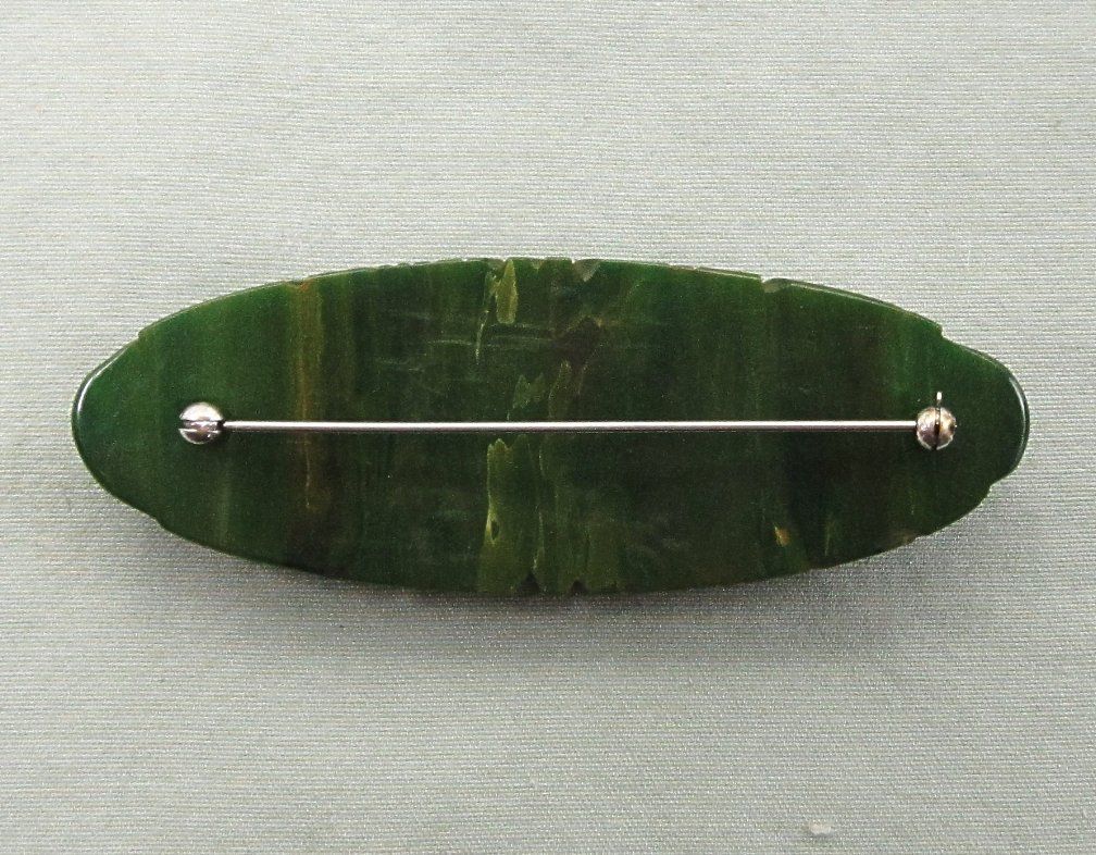 Carved Bakelite Pin Marbled Green Flowers Carved Bakelite Pin Marbled Green Flowers