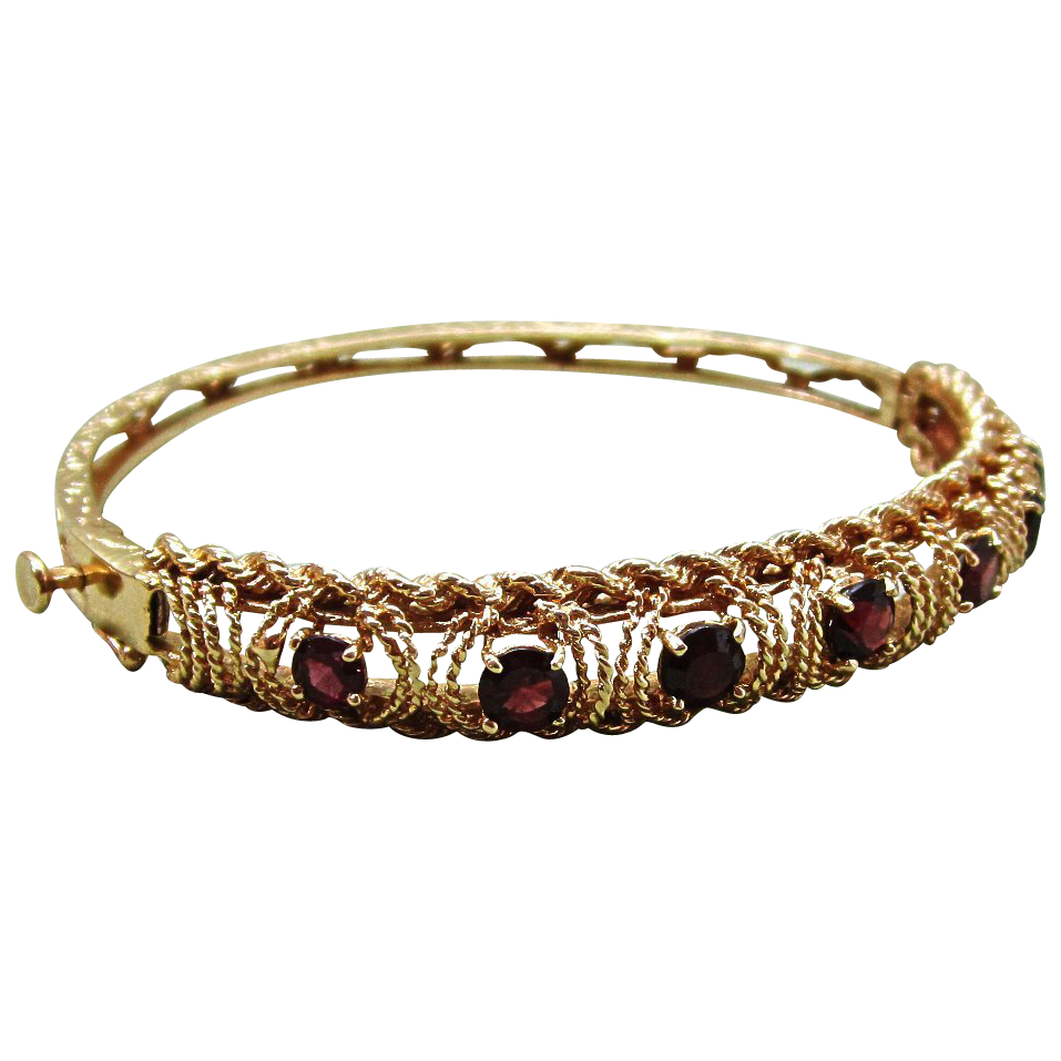 14K Gold Garnet Rope Design Hinged Bangle Bracelet Original Case 14K Gold Garnet Rope Design Hinged Bangle Bracelet Original Case