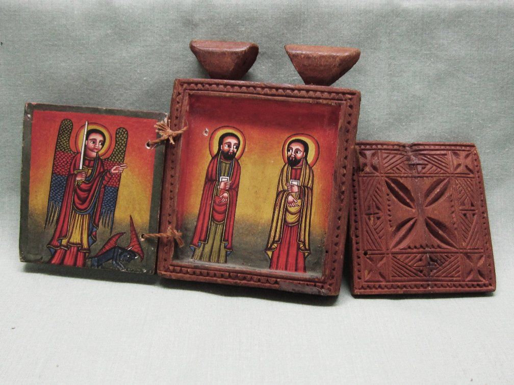 Small Old Hand Painted Russian Triptych St Michael Small Old Hand Painted Russian Triptych St Michael