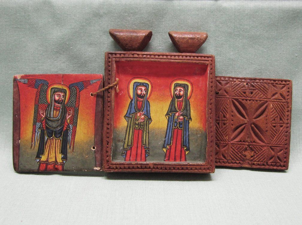 Small Old Hand Painted Russian Triptych St Michael Small Old Hand Painted Russian Triptych St Michael
