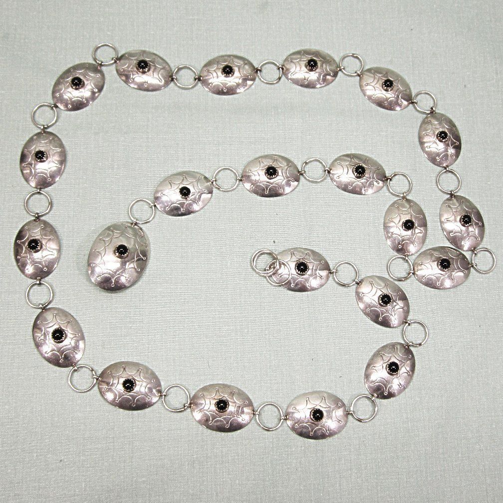 Navajo Sterling Silver Onyx Belt Signed Nel J Navajo Sterling Silver Onyx Belt Signed Nel J