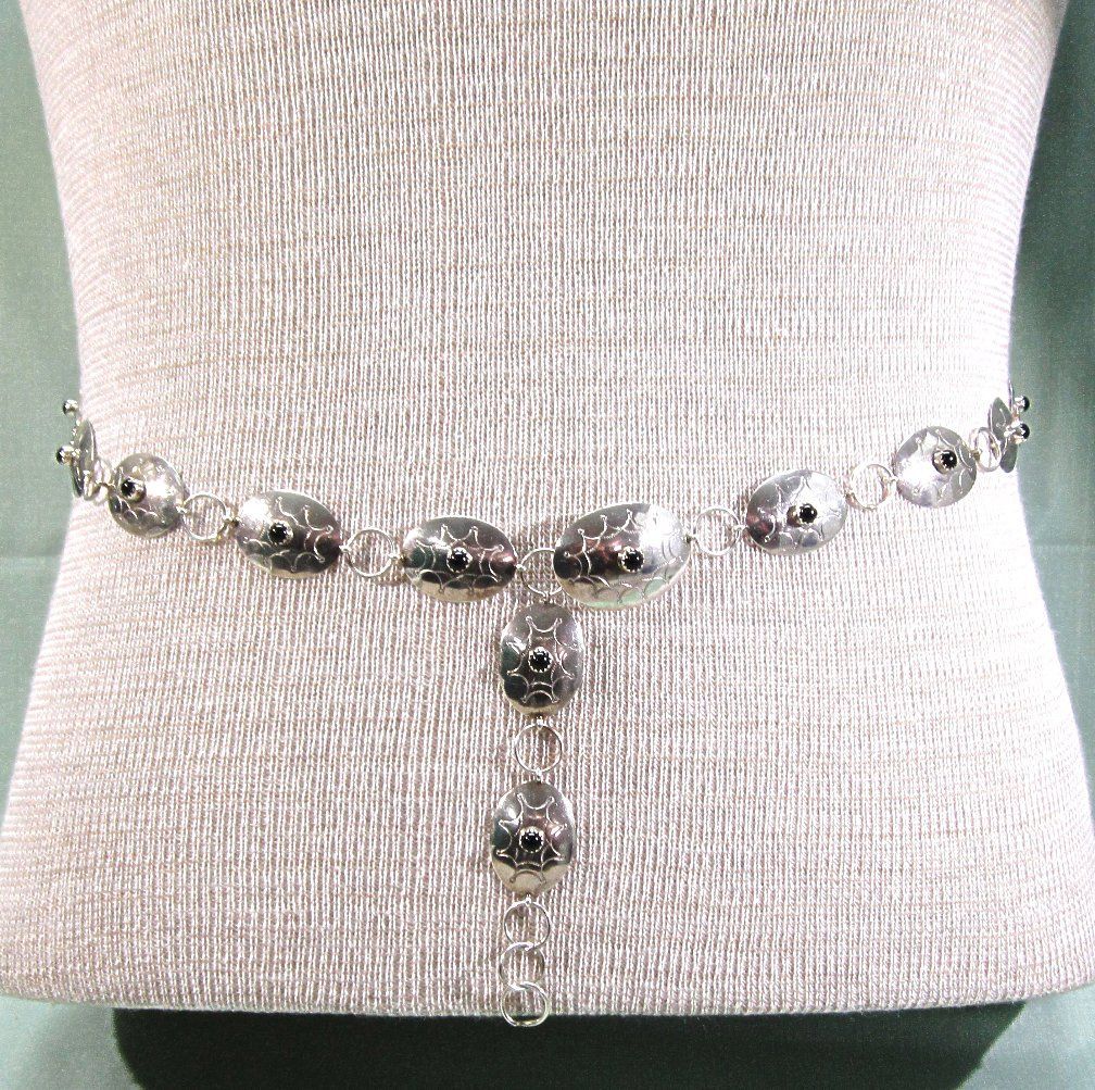 Navajo Sterling Silver Onyx Belt Signed Nel J Navajo Sterling Silver Onyx Belt Signed Nel J