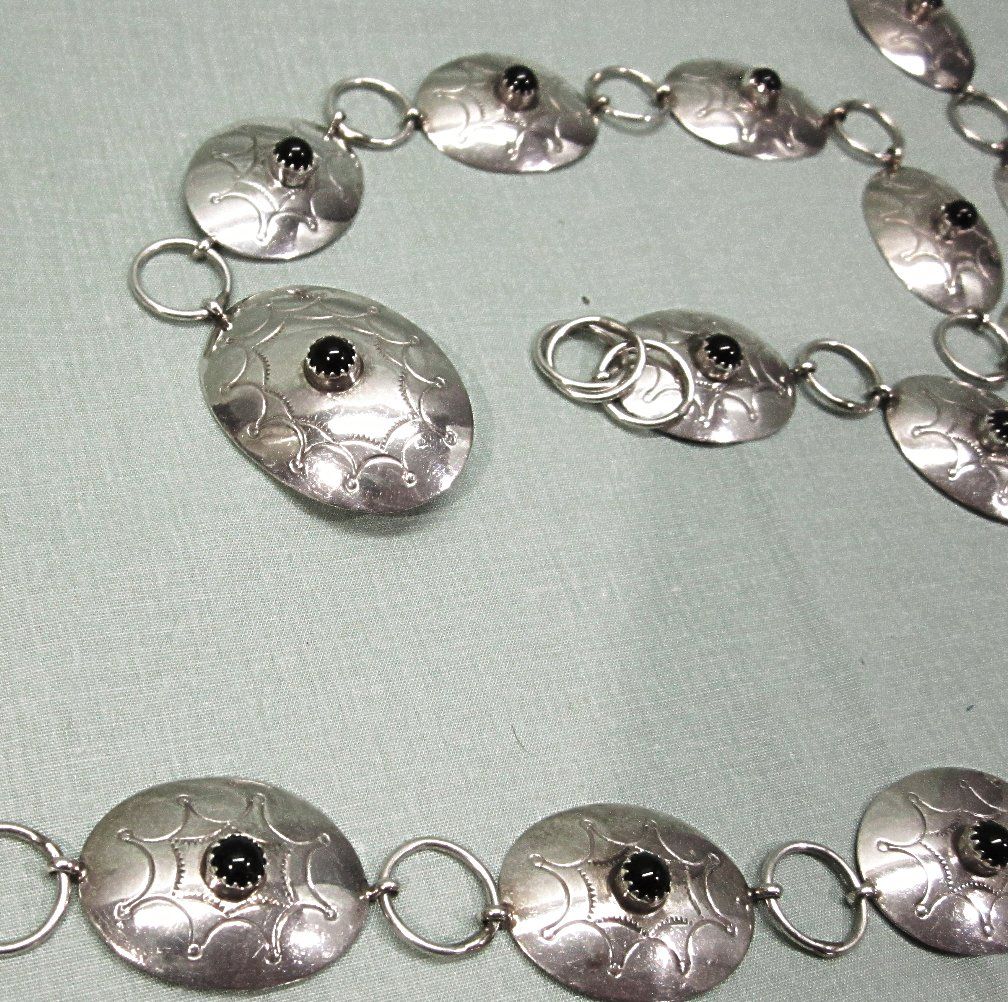Navajo Sterling Silver Onyx Belt Signed Nel J Navajo Sterling Silver Onyx Belt Signed Nel J