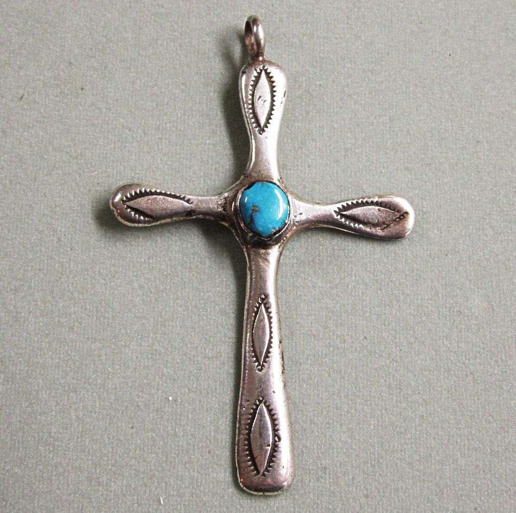 Native American Sterling Turquoise Cross Sandcast Old Native American Sterling Turquoise Cross Sandcast Old